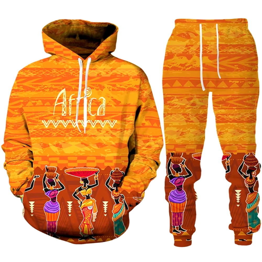 

new colorful African folk custom 3D printing unisex hoodie trousers suit ethnic two piece sportswear fashion sweatshirt suit