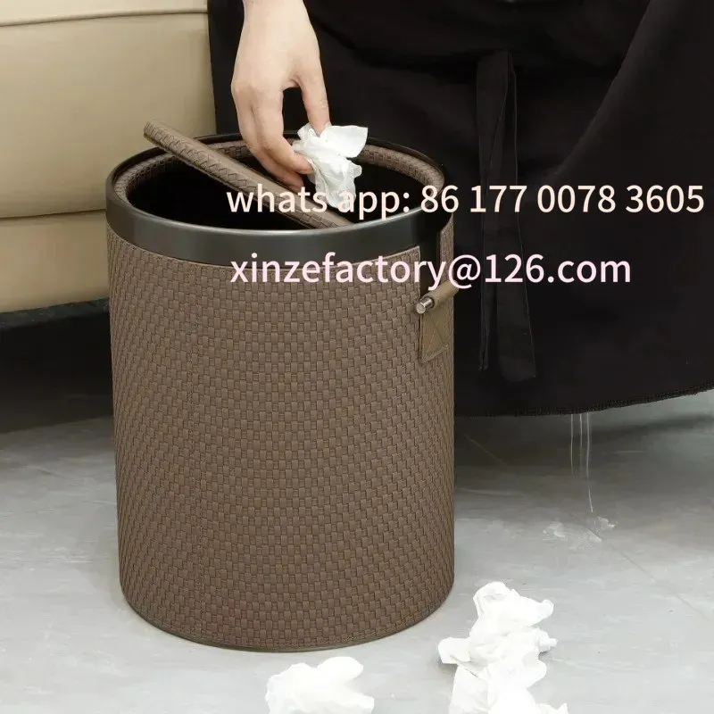

Customizable Shake Top Type Trash Can Leather Litter Bins Large Capacity Kitchen Dustbin Luxury Garbage Cans with LidHousehodld