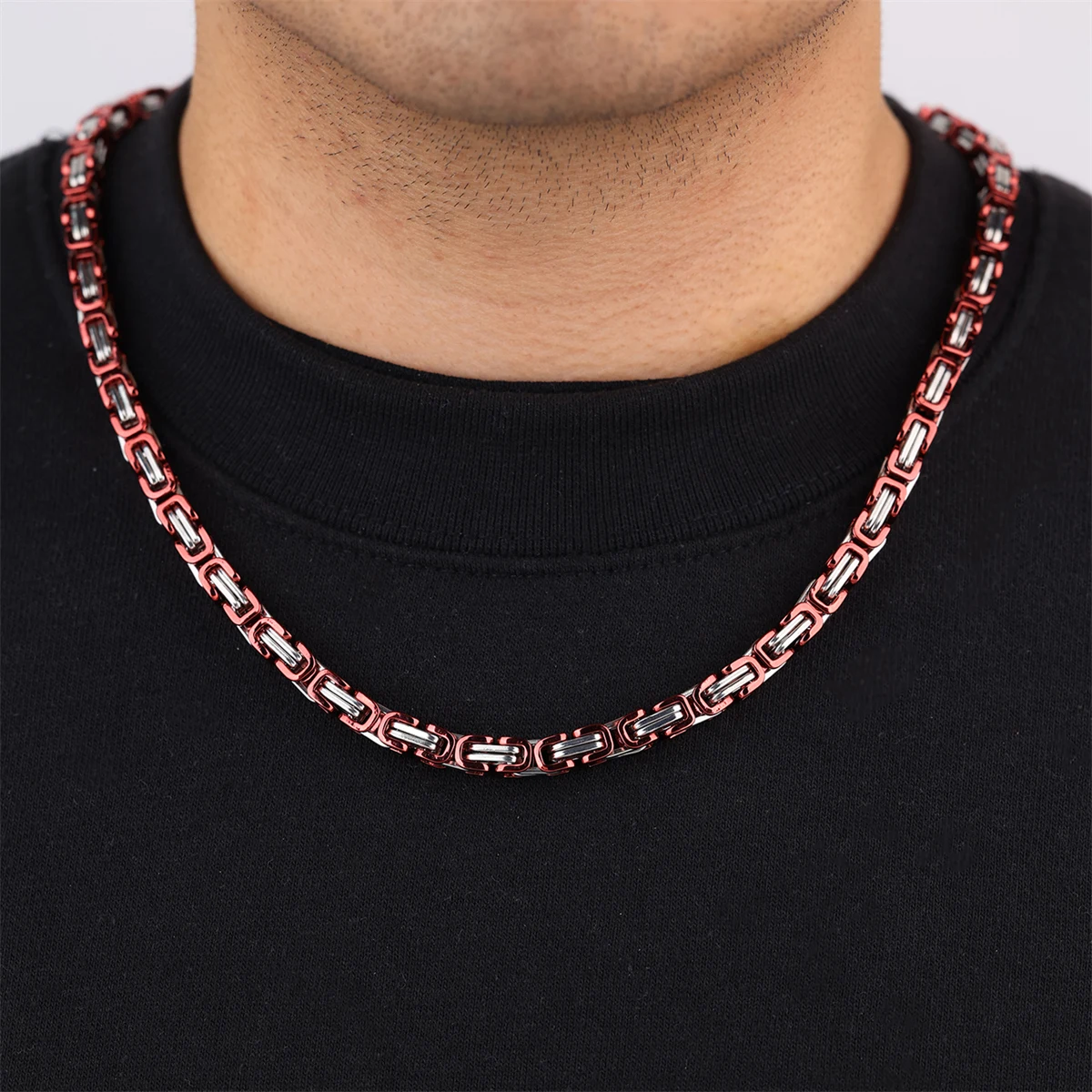 D&Z New 6mm Stainless Steel Red-Silver Color Necklace Hip Pop Curb Locomotive Chain Necklace For Men Women Party Jewelry