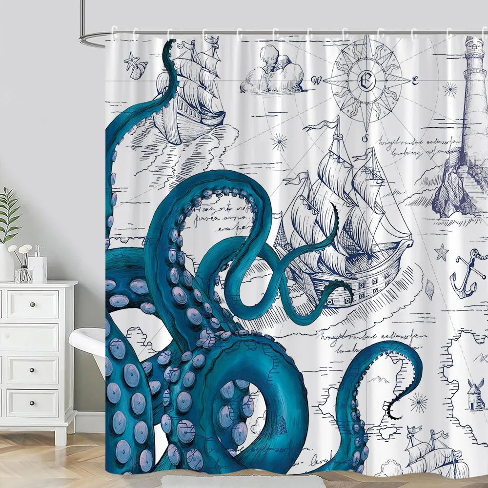 

Ocean Animal Shower Curtain Nautical Retro Cartoon Turtle Octopus Anchor Lighthouse Kids Polyester Fabric Bathroom Decor Curtain