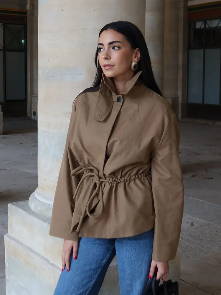 

Женские осенние модные пальто, однотонные однобортные женские повседневные куртки с отложным воротником и длинными рукавами на шнуровке, модная