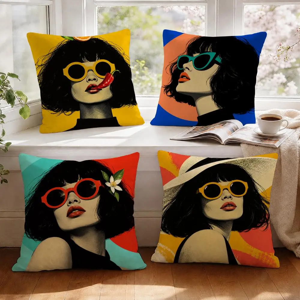 Pop Portrait Colorful Retro Cushion Cover 1/4Pcs Linen Throw Pillow Covers Double-Side Print Sofa Couch Living Room Decor