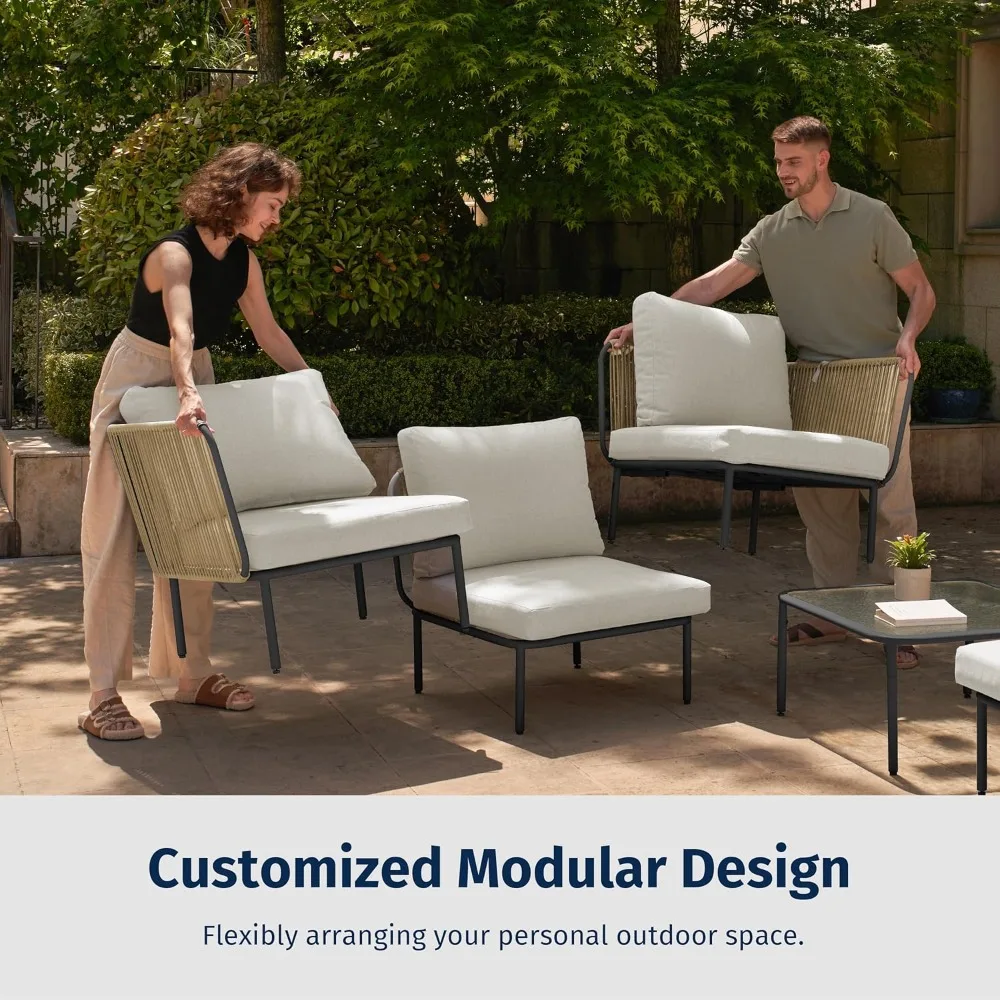 5-Piece Montauk Modular Furniture, Outdoor Corner Sofa with Cushion and Glass Coffee Table Modern Patio Conversation Set