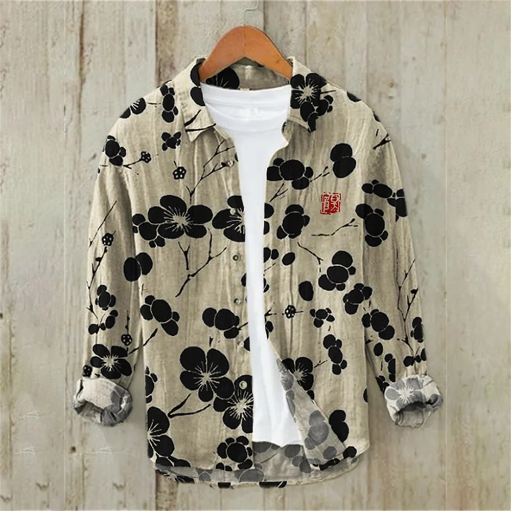 Men's Long Sleeve Shirt Linen Shirt Art Floral Illustration Japanese Retro Casual Comfort Extra Large Size Men's Clothing