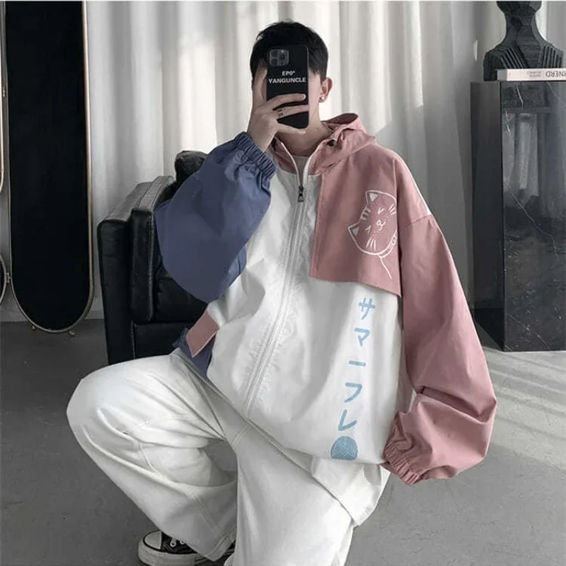 

2025 Jacket Men New Japanese Style Jacket Male Casual Patchwork Baseball Cute Hooded Sweatshirt
