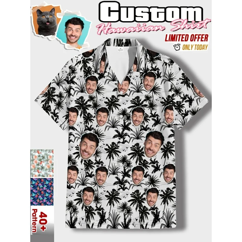 

Гавайская рубашка с графическим рисунком пляжных растений для мужчин, индивидуальный портрет с 3D принтом и короткими рукавами, летние рубашки Aloha, топы с лацканами, блузка