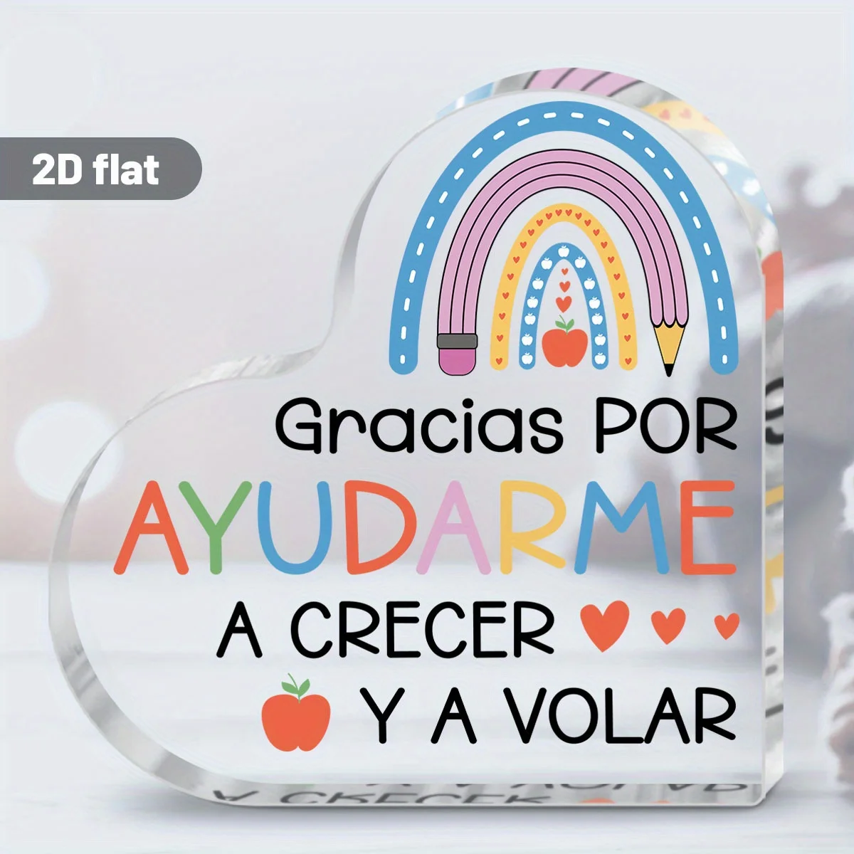2D Flat, Acrylic Heart Teacher Appreciation Gift with Spanish Thank You Message - Classroom Desk Decor, Birthday/Christmas