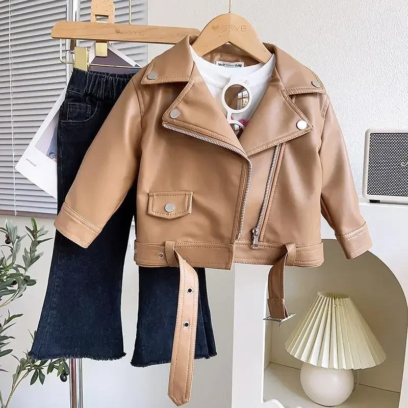 Girls Faux Leather Elegant Zipper Basic Jacket Boys Outwear Solid Slim Long Sleeve Turn-down Collar Toddler Short Coat XMP43