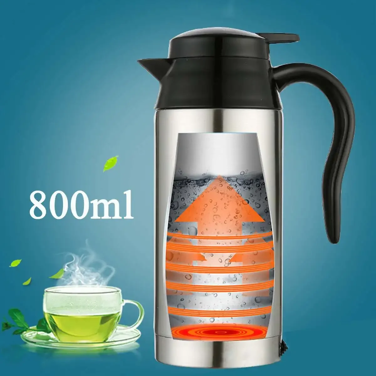 12V /24V  800ml Stainless Steel Electric Kettle In-Car Travel Trip Coffee Tea Heated Mug Motor Hot Water Boiling for Car Truck