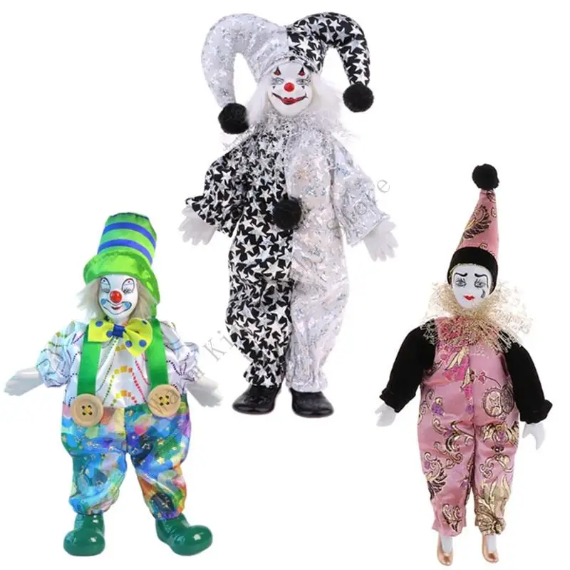 9 Inch Porcelain Smiling Clown Doll Funny Ceramic Harlequin Doll with Clown Costume For Halloween Haunted Mansion Decor