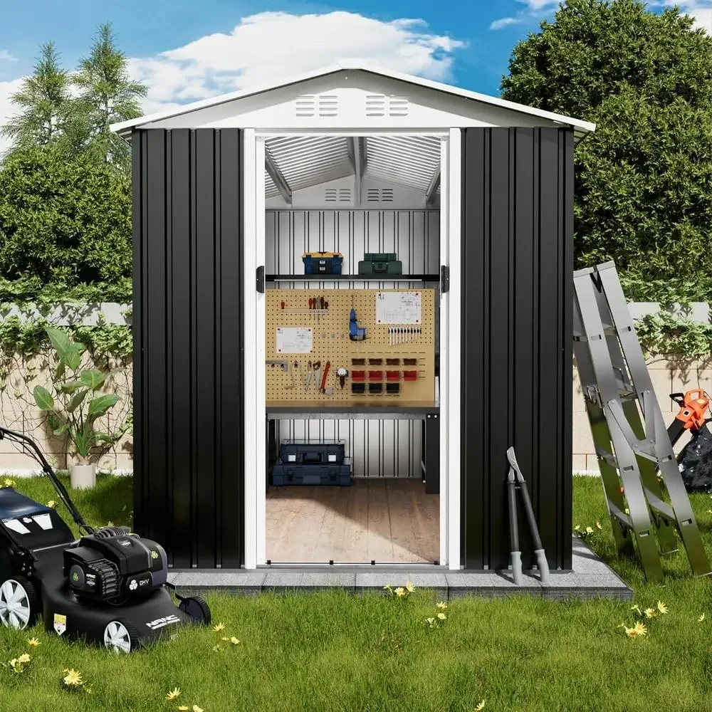 6x9ft Grey Metal Garden Shed with Lockable Double Doors and Sloping Roof for Outdoor Storage