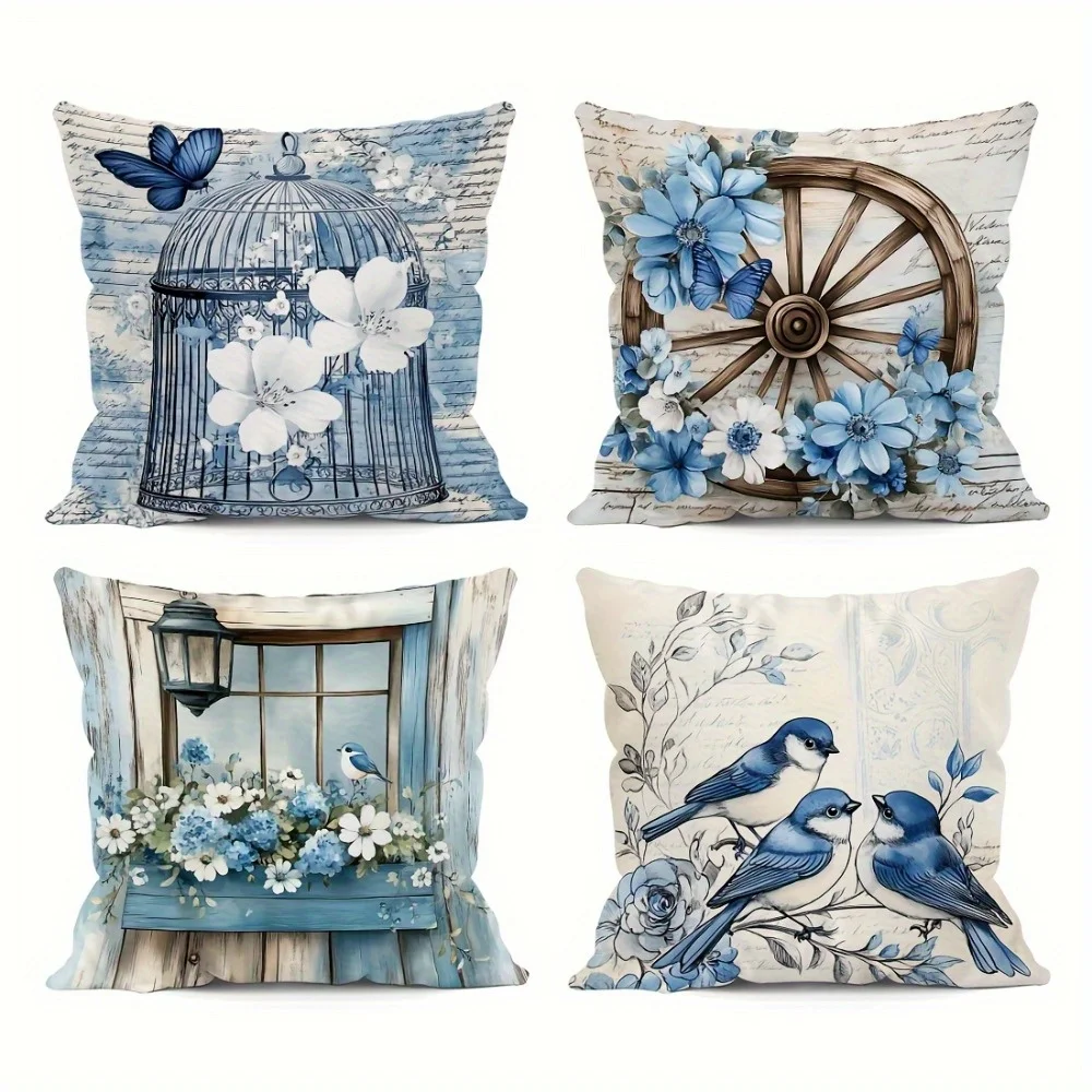 Juego  4 fundas  almohada con diseños florales y  pájaros vintage, con estampados  poliéster  doble cara y cierre  c