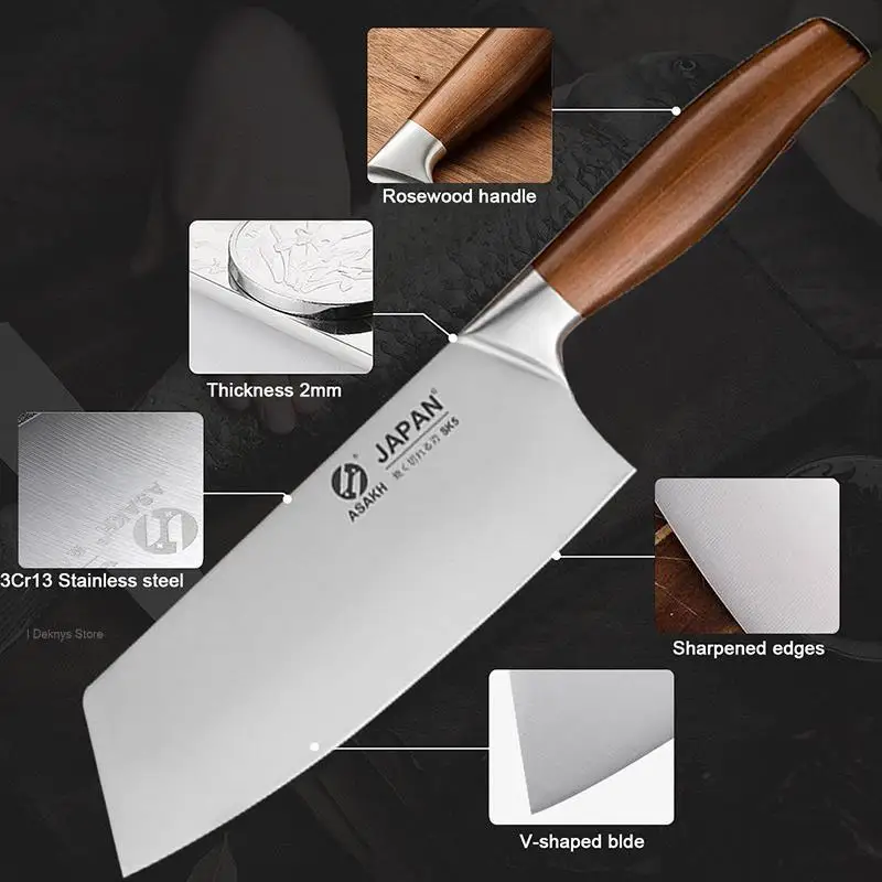 Kitchen Knife 3cr13 Stainless Steel Meat Chopping Cleaver Fish Vegetable Slicing Butcher Knife Wooden Handle Japanese Chef Knife