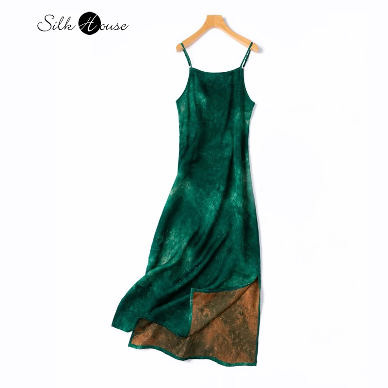 

Gradient Tie Dye Green Classical 100% Natural Mulberry Silk Fragrant Cloud Yarn Side Zipper Women's Slim Fit Suspender Dress