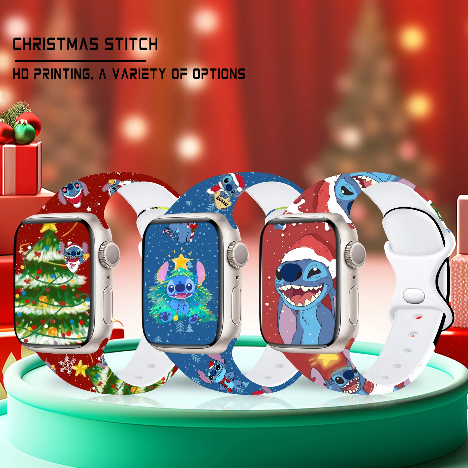 Disney Christmas Stitch Strap for Apple Watch 9 8 7 SE Silicone Printed Band Replaceable Bracelet for iWatch 45mm 44mm 42mm 41mm