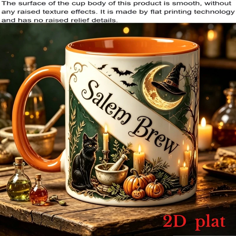 1 Personalized Halloween Themed Mug, Customizable Name, 2D Graphic Printing, Black Cat, Witch Hat, Crescent Moon, Pumpkin and Ba