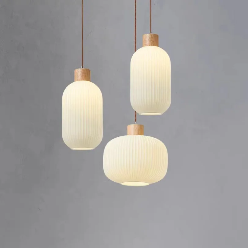 Japaness Wood Glass Pendant Lights for Restaurant Cafe Home Indoor Bedroom Bedside White Decoration Modern Hanging Lamp Indoor