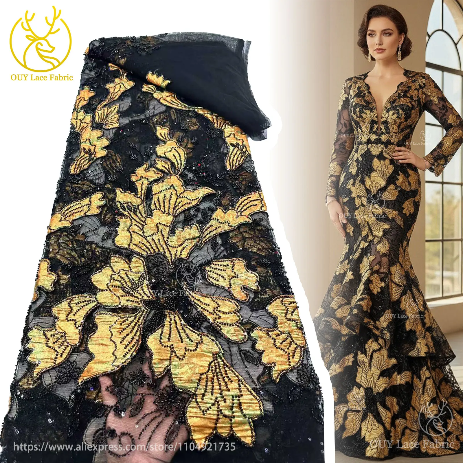 

African Jacquard Beaded Embroidery Lace Fabric 2025 French Tulle Sequin Lace Fabric Women's Wedding Dress Sewing Material