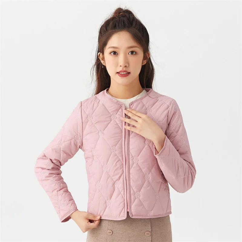 Autumn Winter New Girlish Collarless Ultra Light Short Down Double Sided Jacket Embroidery Cozy Warm Portable Windbreaker Coats