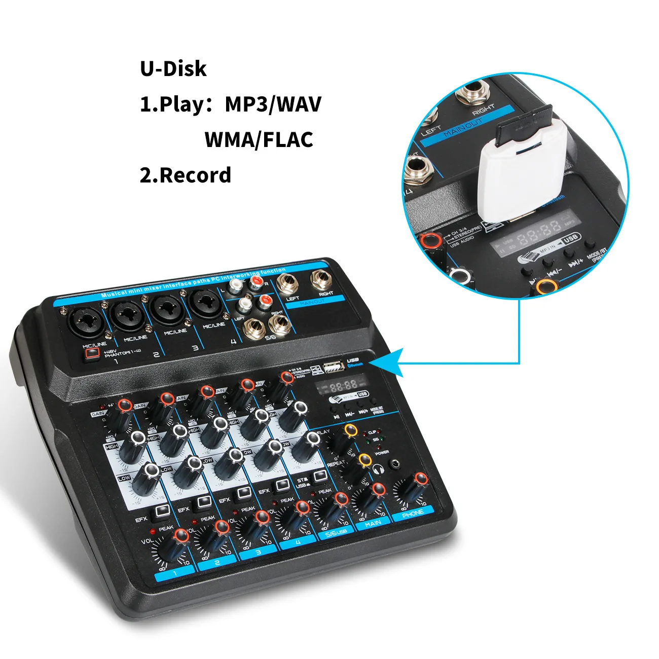 Audio DJ Mixer Sound Board Console 6 Channel 48V Phantom Power with Bluetooth USB MP3 Stereo DJ Studio For Party KTV Stage