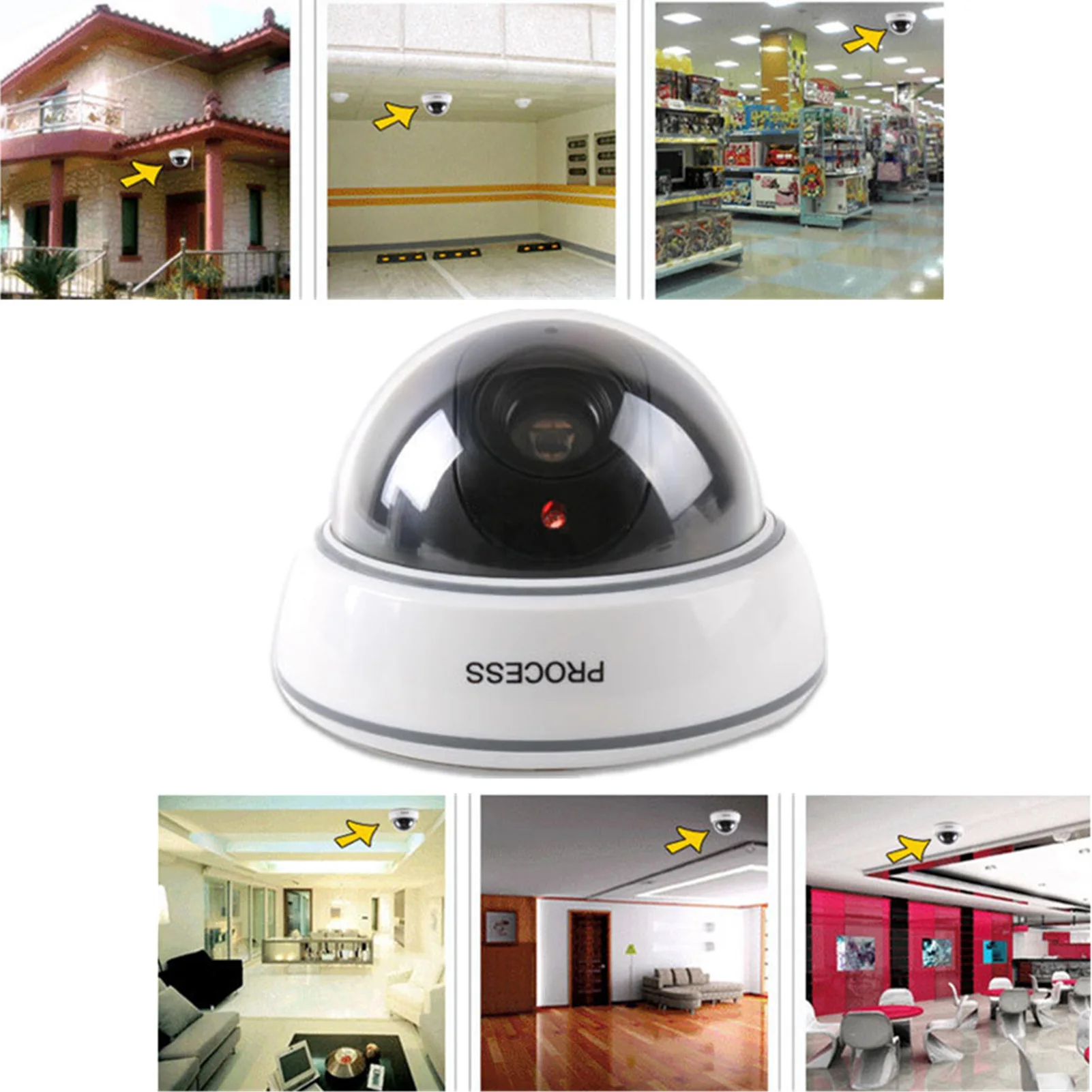 Simulation Camera Fake Dummy Dome Surveillance Security Camera Flashing Red Light (White) Realistic Simulation Camera