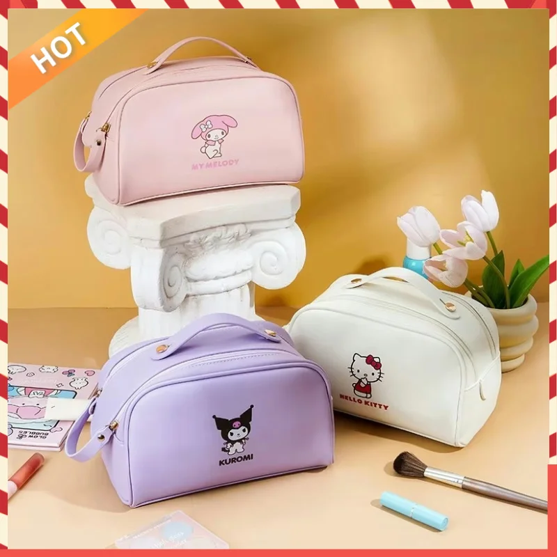 Kuromi Melody Makeup Bag Double Zipper Kawaii Anime Kitty Pochacco Portable Large Capacity Cosmetic Bags Girls Birthday Gifts