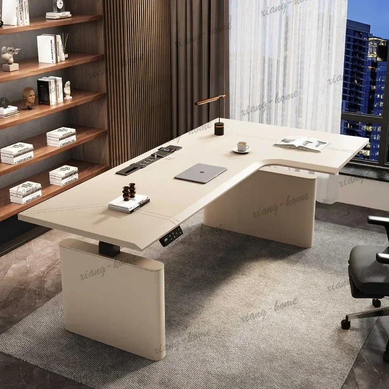 LD Nordic Creative Corner Electric Lift Desk Modern L-Shaped Saddle Leather Workbench Desks Creative  Office Furniture