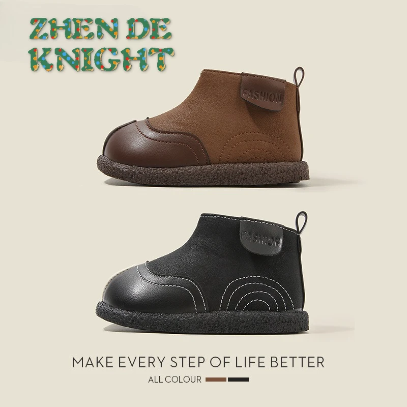 

Kids First Steps Shoes Autumn Winter Boys Plush Lined Ankle Boots Girls Zip-Up Leather Footwear