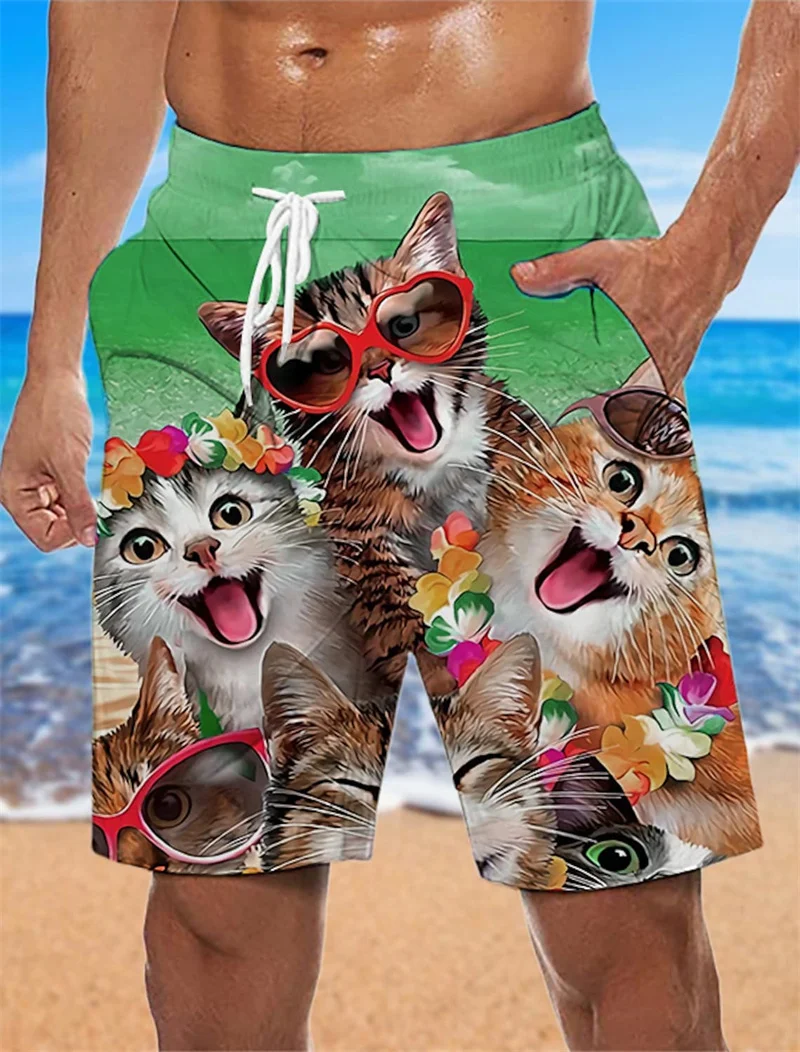 Pantalones cortos de playa para hombre, bañador con estampado de gato 3D, holgado, informal, Unisex, venta al por mayor