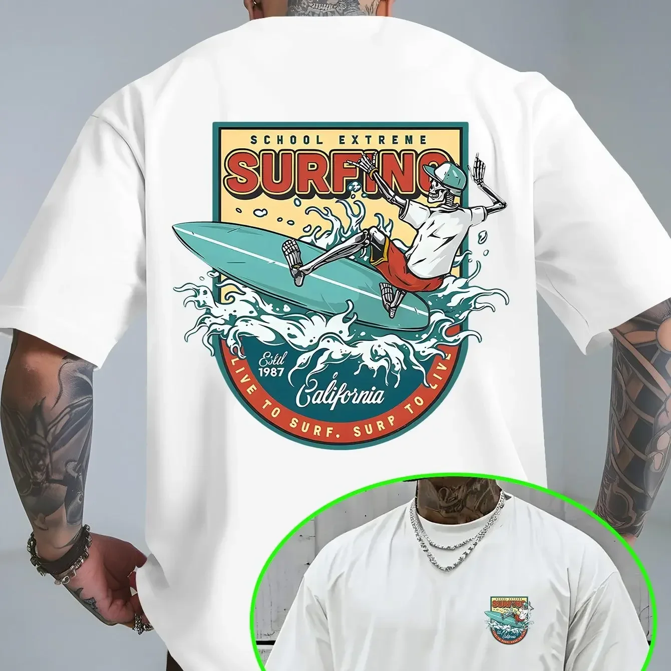 California Surf Print Round Neck Short Sleeve Oversized Boxy Loose Polyester Men Women Graphic T Shirt Y2k Clothes 2000s