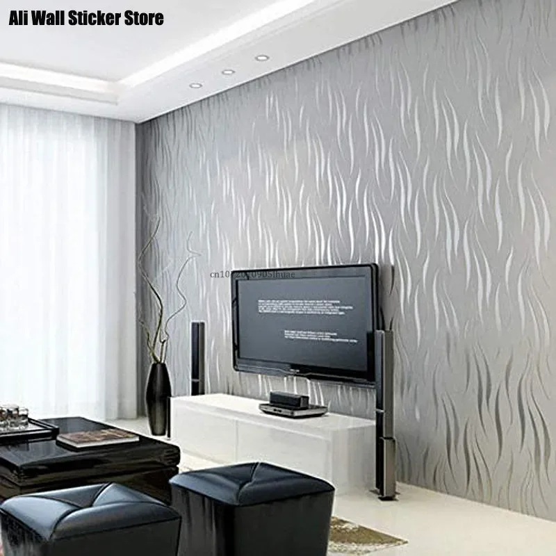 

3d White Living Room Wallpaper Flocking Embossed Wall Paper Grey Wallpaper Roll for Walls Striped Wave Pattern Non-woven Fabric