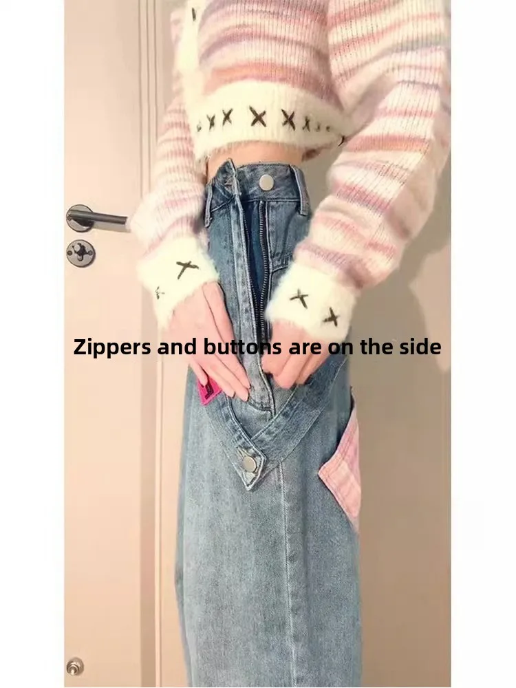 

Широкие джинсовые джинсы с высокой талией, женские свободные драпированные прямые брюки, осень 2024, новый американский дизайн на молнии сбоку