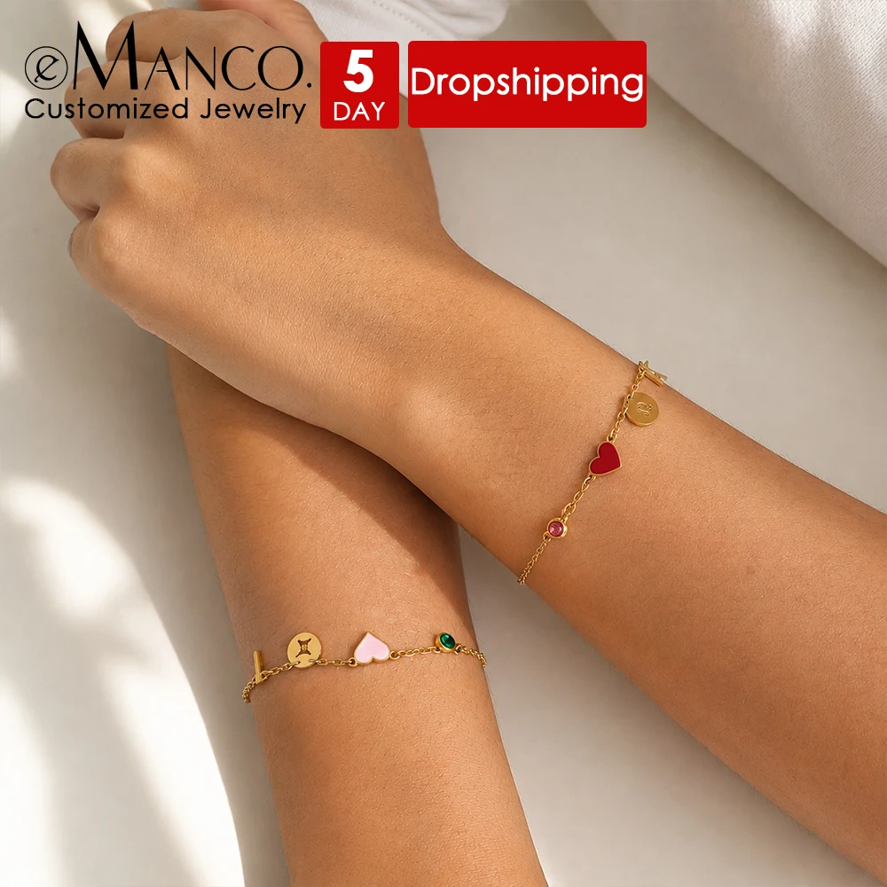 EMANCO Stainless Steel Gold Color Link Chain Bracelet Custom Heart Zodiac Initial Charms Pink Rhinestone Vacation Travel Jewelry