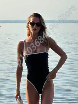 ノースリーブスクエアネックボディ,女性用,ビーチウェア,バケーショントップ,セクシー,タイト,黒と白,ファッション,2024