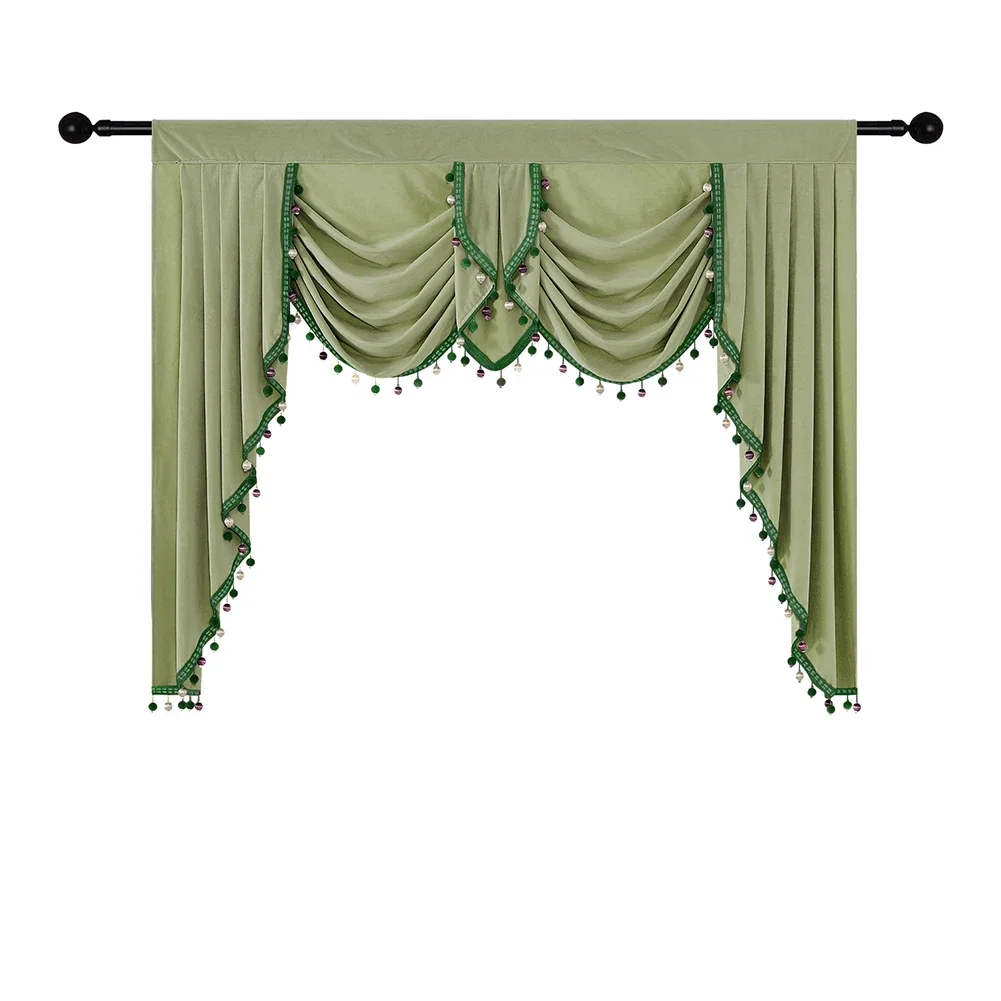 

New Design Solid Window Luxury Valance Curtains with Attached Beads Waterfall Swags Jabot Fancy Small Home Decor