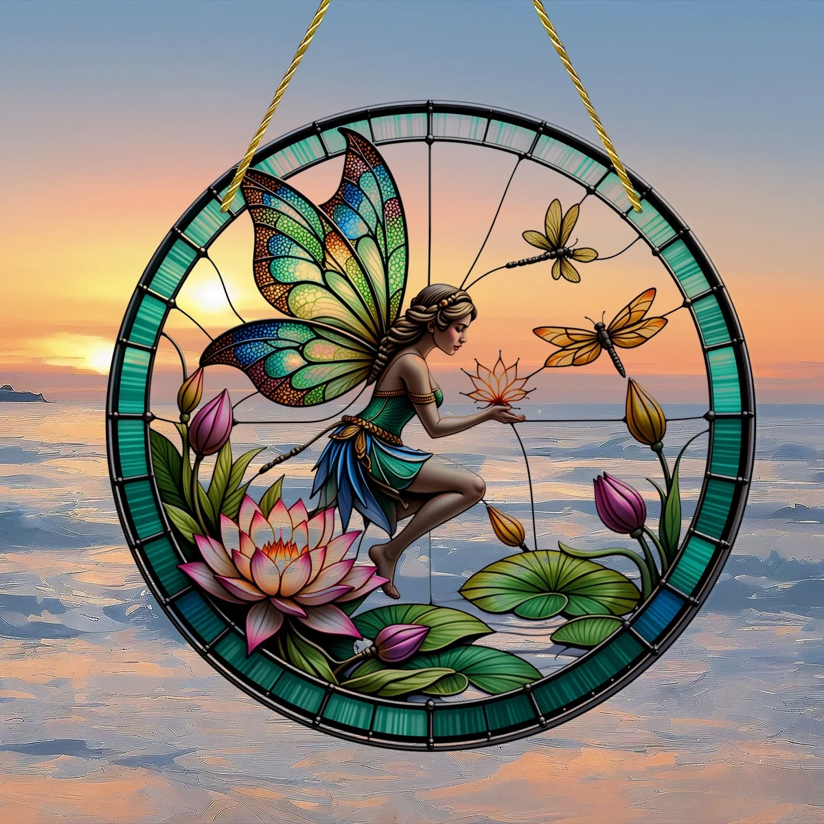 Acrylic Painting Plastic Stained Glass Style Enchanted Fairy with Lotus Flowers & Dragonflies Round Window Hanging Decor, 2D Fla