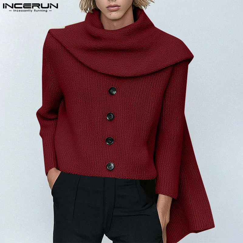 INCERUN Tops 2024 American Style Men's Fashion Button Design Pullover Casual Personality Solid Shawl Long Sleeved Sweater S-5XL