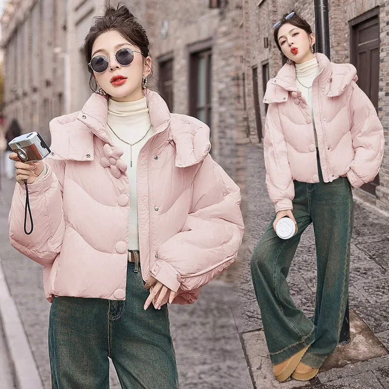 Sweet Flowers Short Down Jacket Female New Winter Cute Casual White Duck Down Thickened Warm Stand Collar Hooded Puffer Jacket