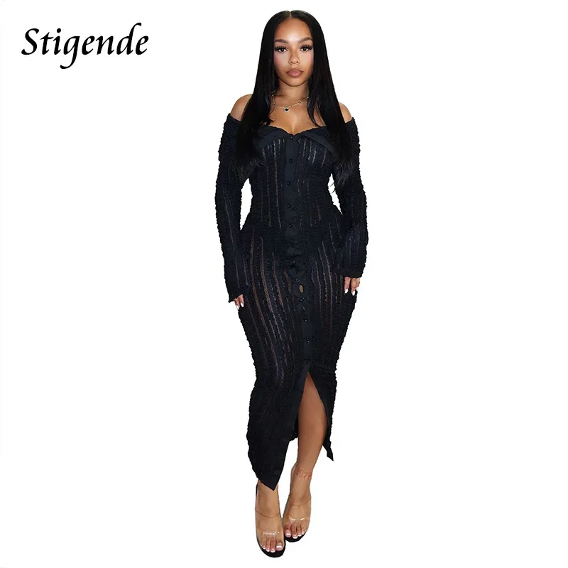 Stigende Women Single Breasted Multi Layered Dress See Through Mesh Ruffle Long Dress Sexy High Split Transparent Club Dress