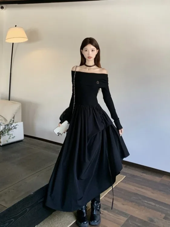 

Женское платье больших размеров с длинным рукавом на одно плечо, осенне-зимнее, новое, с завышенной талией, А-силуэт, французский стиль, приталенное