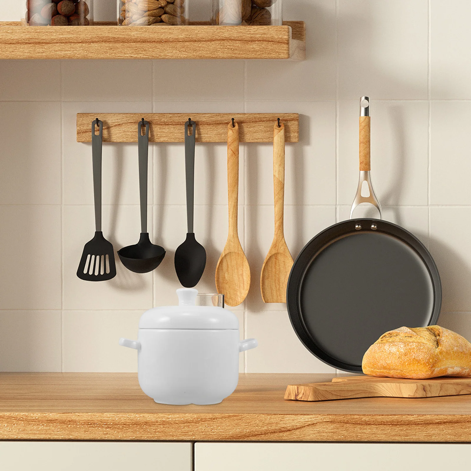 

600ml Ceramic Stew Pot White Porcelain Cooking Pot Dual Handle Soup Bowl Lid Kitchen Restaurant Supplies Double Ear Soup Bowl