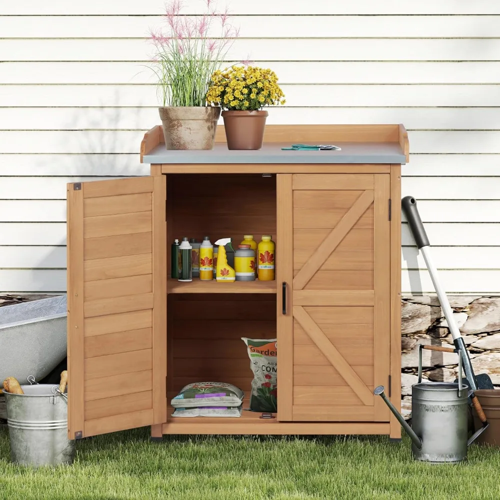 

Potting Bench with Storage Cabinet and Metal Table Top for Outdoor Patio, Garden Furniture Wood Workstation, Customized