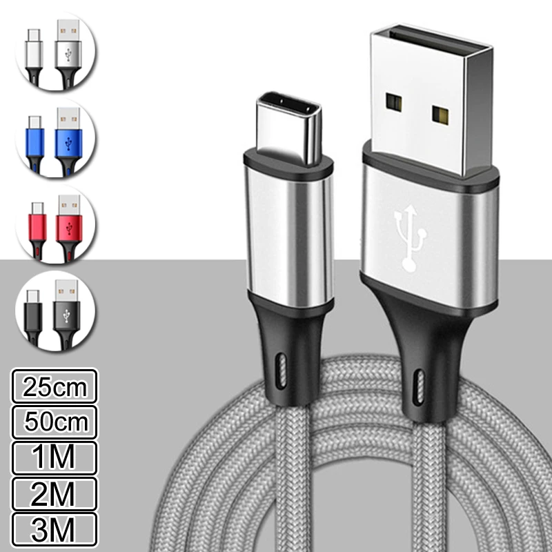 0.25/1/2/3M Type-C Charger Fast Phone Charger Long Lead Braided Charging Cable For Samsung S10 S20 USB Type C Cable USB C Cables
