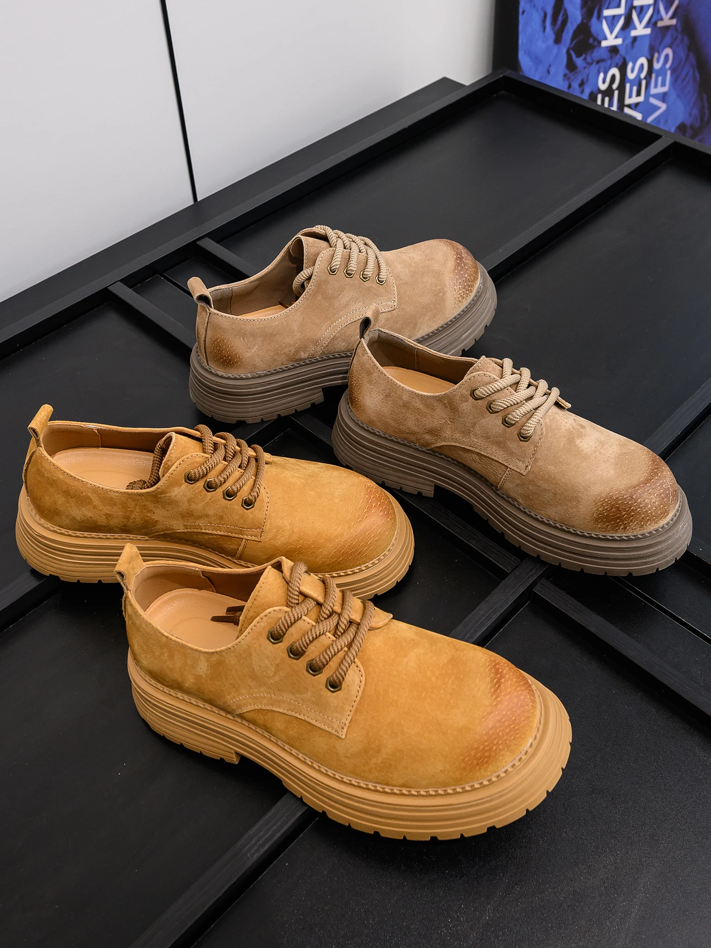 

British Style Thick Bottom Anti-Slip Wear-Resistant Spring Men's Faux Suede Genuine Leather Large Head Work Shoes Casual Shoes