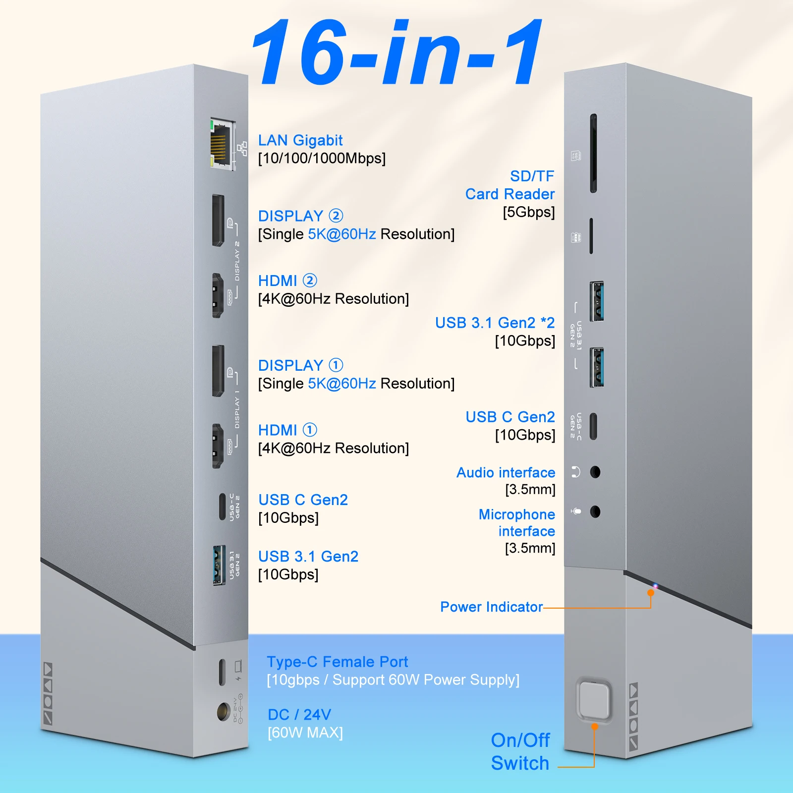 Type-c docking station 60W Power Delivery 16-in-1 USB-C Hub 4K 60Hz USB C Hub Multiport HDMI Adapter type-C Hub