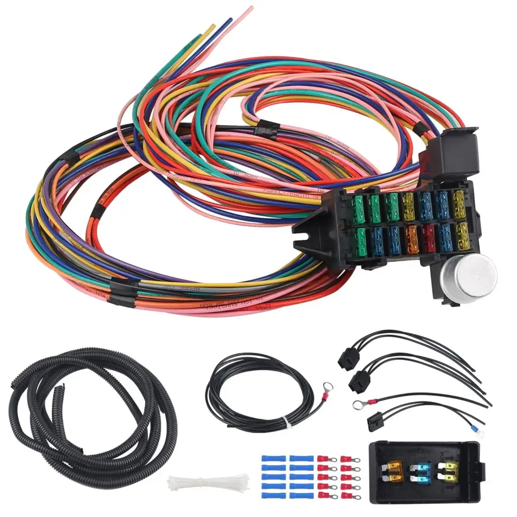 

Universal 14 Circuit Wiring Harness Muscle Car Hot Rod Street-Rod XL Wire 12V Voltage-Circuit Harness Kit Repairing Tool