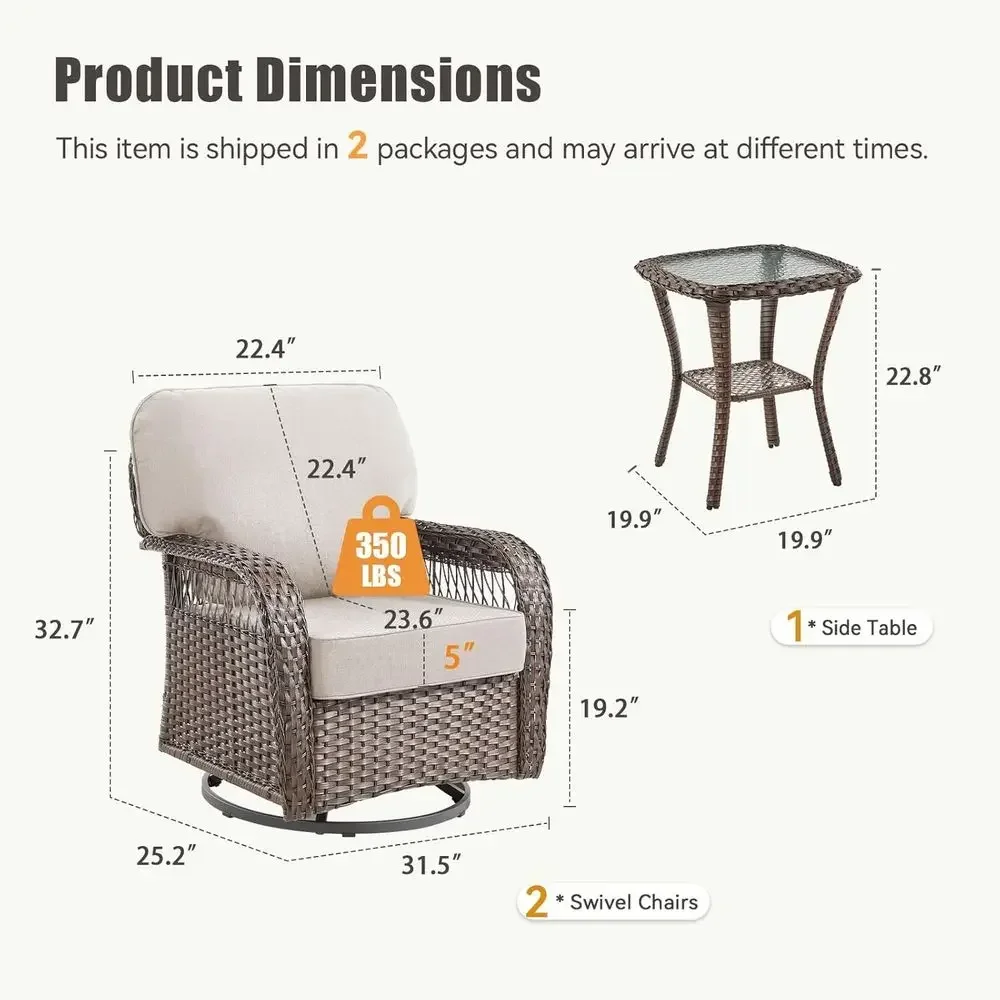 3-Piece Swivel Wicker Patio Furniture Set with Rattan Side Table for Outdoor Deck, Porch, Garden, Backyard - Beige