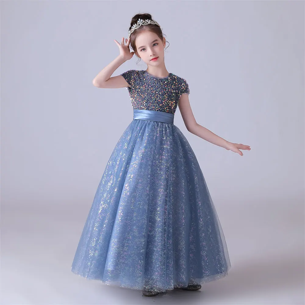 Robe bleue à col rond pour filles, tulle brillant, nœud en paillettes, robes de demoiselle d'honneur, anniversaire d'enfants, robe de princesse formelle, quoi que ce soit