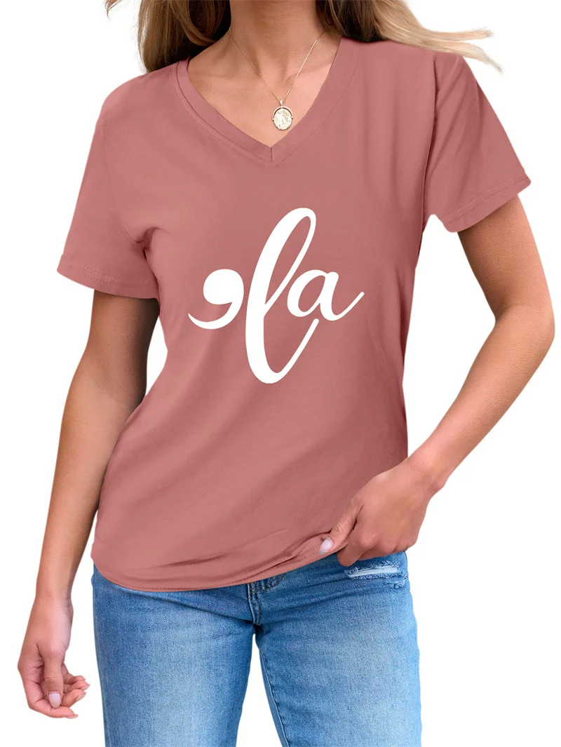 Summer new cotton retro V-neck simple casual short sleeve la letter print comfortable T-shirt top for women