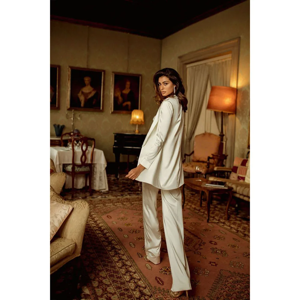 

High End White Suits for Women Notch Lapel 2 Pieces Jacket Pants Female Clothing Slim Fit Banquet Office Lady Blazers Sets